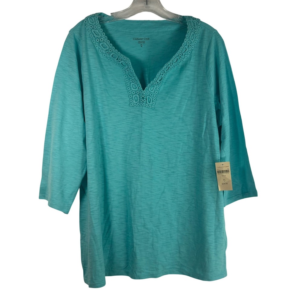 Coldwater Creek Taj Top XL 16 Teal Blue Slub Cotton Crochet Trim 3/4 Sleeve NEW